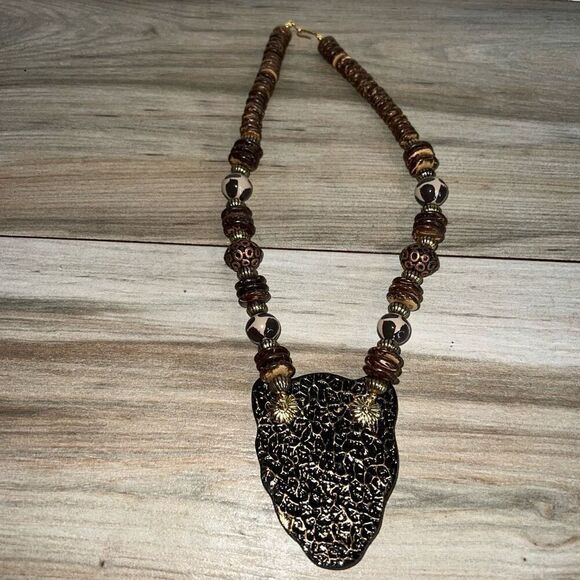 Lee Sands Vintage Painted Leopard Coco Wood Statement Necklace Station Brown - Picture 5 of 6